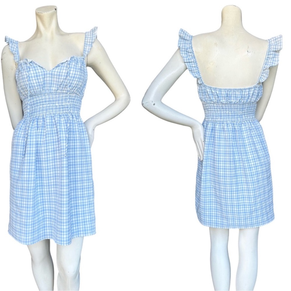 WAYF Blue & White Gingham Milkmaid Garden Picnic Ruffled Mini Dress Size XS